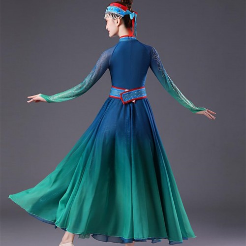 Green with blue gradient Mongolian dance dresses Minority  Mongolia dance Clothing Modern ethnic style dance chopsticks dance art test dress suit